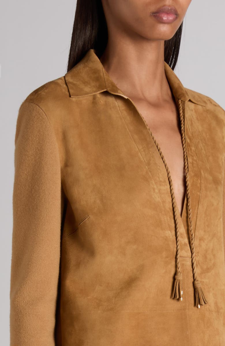 TOM FORD Long Sleeve Suede & Wool Blend Polo Minidress, Alternate, color, Golden Brown