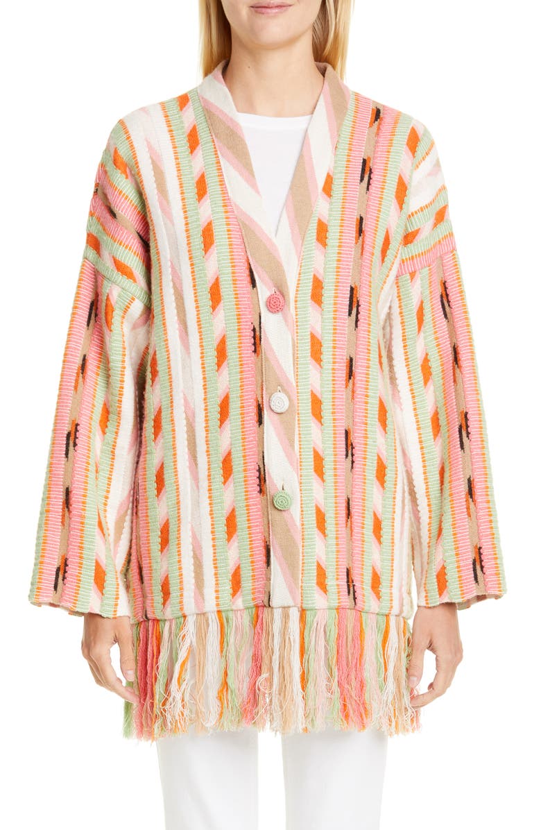 Alanui Fringe Trim Cashmere Blend Jacquard Cardigan, Main, color, 