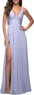 La Femme Empire Waist Gown with Deep V Neckline