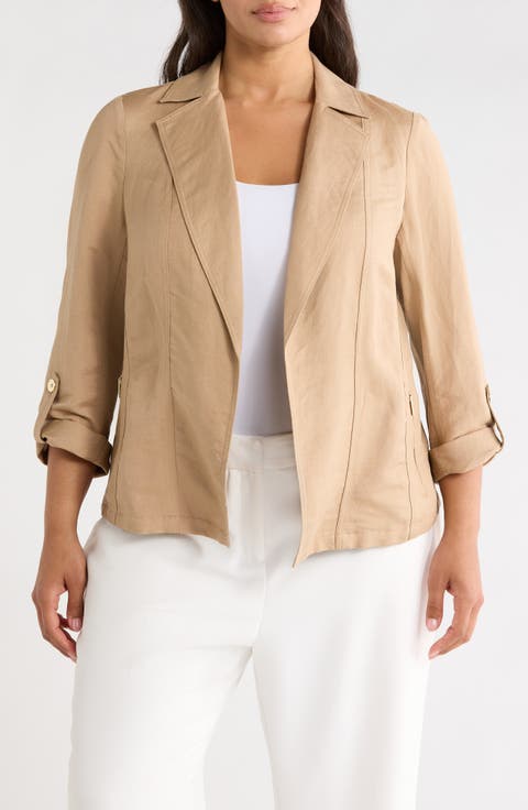 Seamed Open Front Linen Blend Jacket (Plus)
