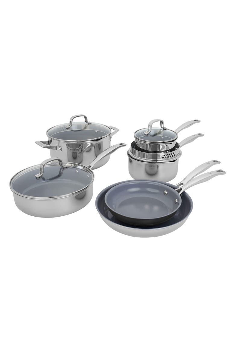 Clad H3 10-Piece Stainless Steel & Ceramic Cooking Set, Main, color, SILVER