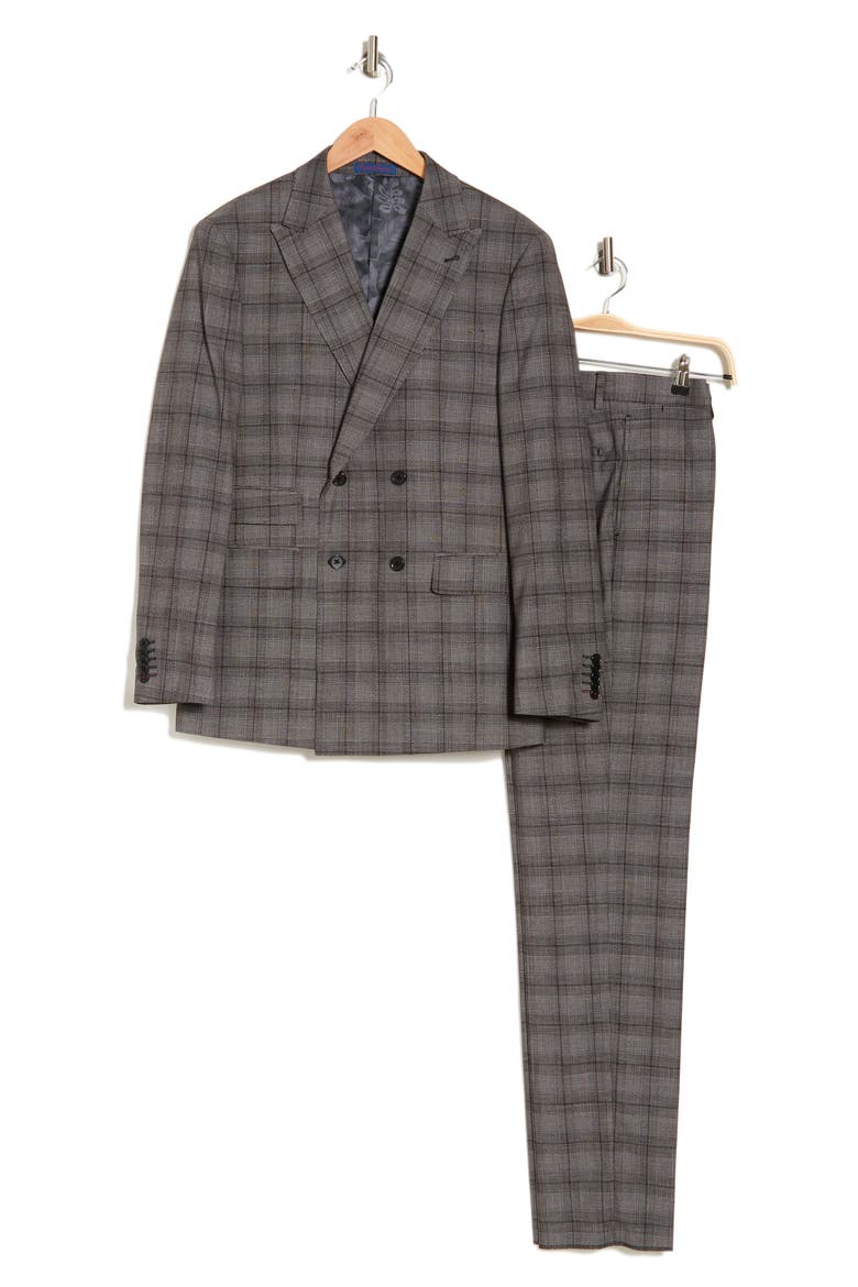 Plaid Double Breasted Peak Lapel Suit, Alternate, color, BLACK/ WHITE