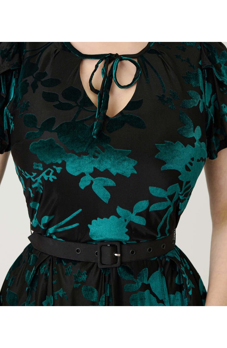 Unique Vintage Short Petal Sleeve Tie Neck Dahlia Swing Dress, Alternate, color, Teal