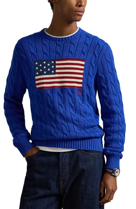 Flag Intarsia Cabled Cotton Crewneck Sweater