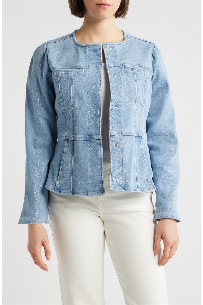 Embroidered Peplum Denim Jacket, Main, color, LIGHT BLUE