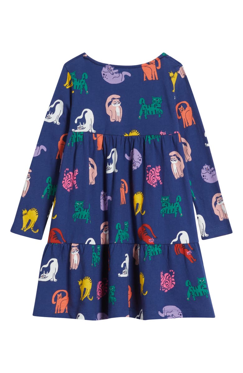 Mini Boden Kids' Ariel Twirly Cat Print Long Sleeve Cotton Jersey Dress, Alternate, color, Mystic Purple Cats