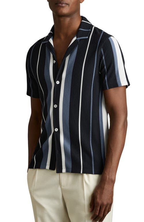 Reiss Albers Stripe Rib Knit Camp Shirt In Navy Multi