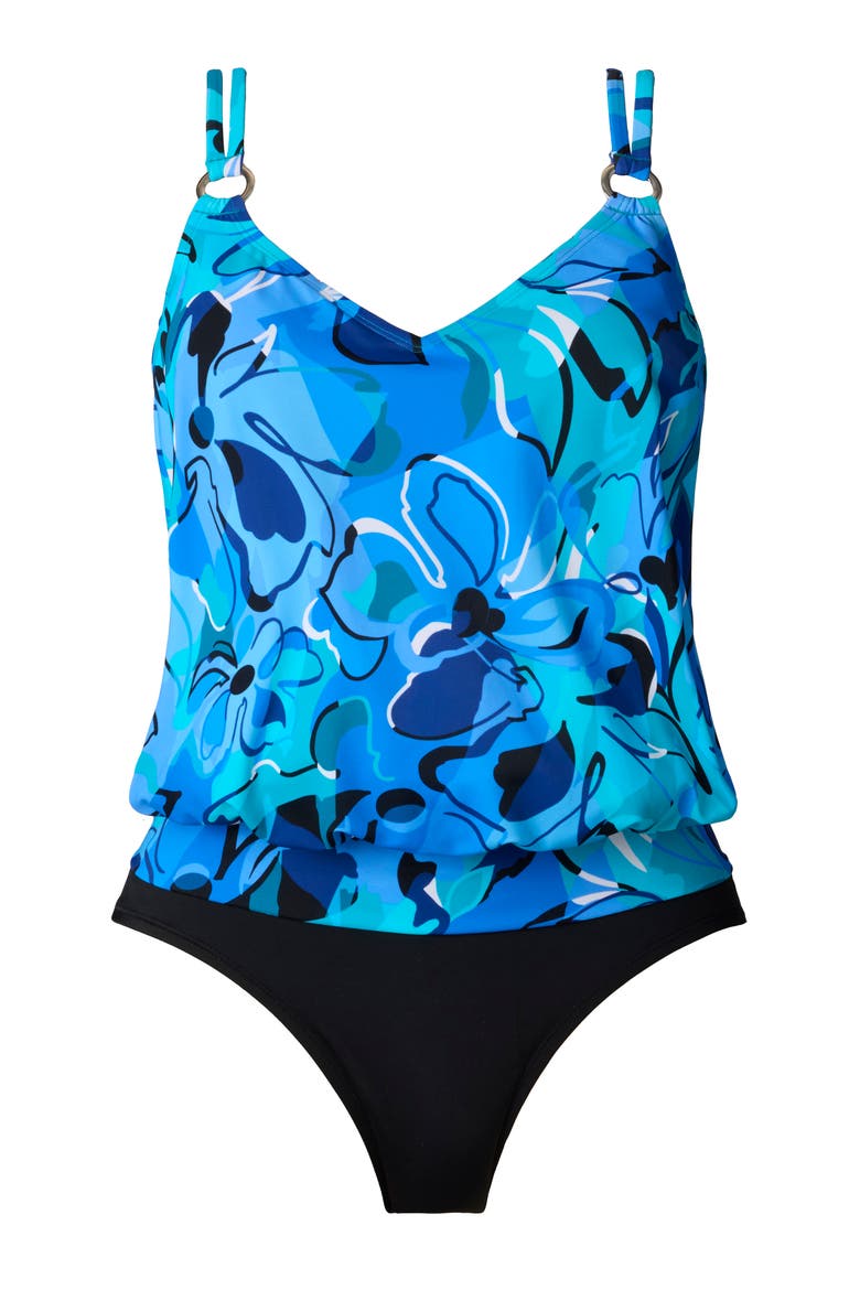 V-Neck Blouson One-Piece Swimsuit, Alternate, color, Organic Bloom