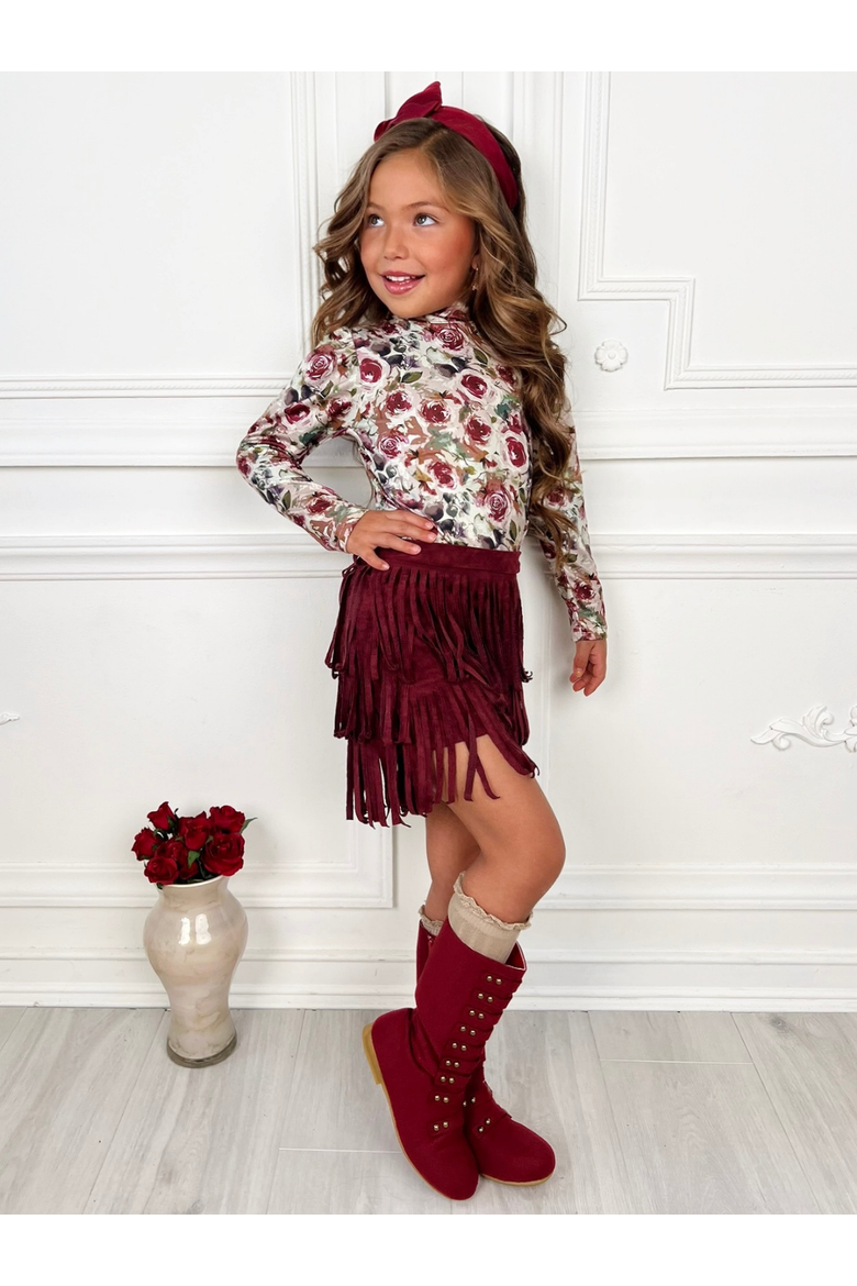 Autumn Rose Top and Fringe Skort Set, Alternate, color, Burgundy
