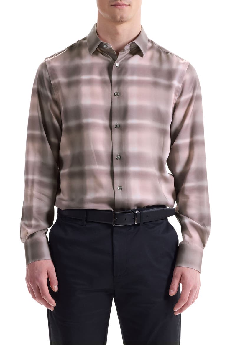 Julian Shaped Fit Abstract Check Lyocell Button-Up Shirt, Main, color, WOOD ROSE