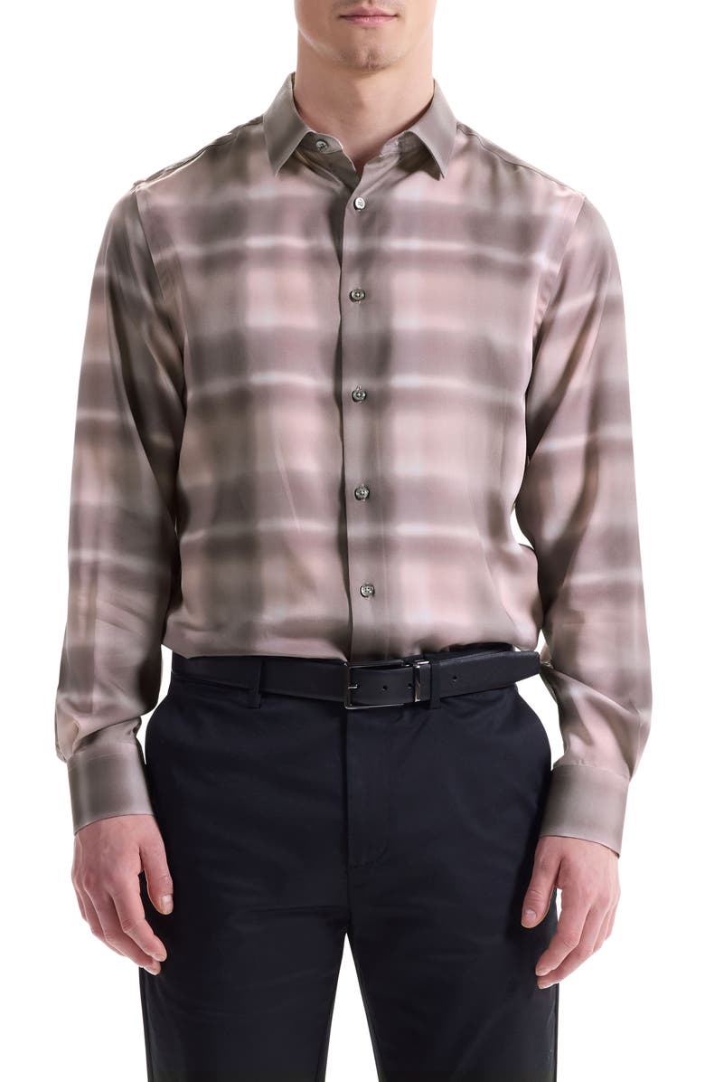 Bugatchi Julian Shaped Fit Abstract Check Lyocell Button-Up Shirt, Main, color, Wood Rose