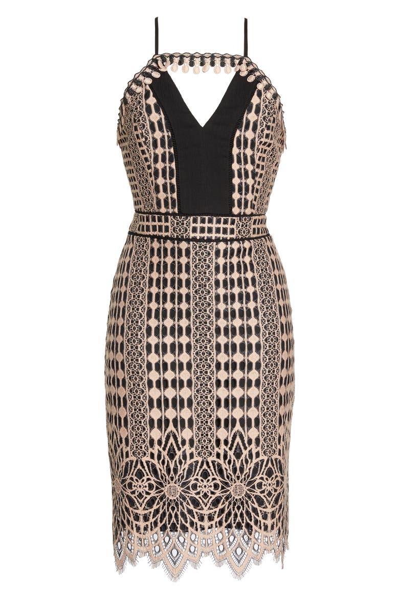 Contrast Chiffon Lace Halter Body-Con Dress, Alternate, color, NUDE/ BLACK