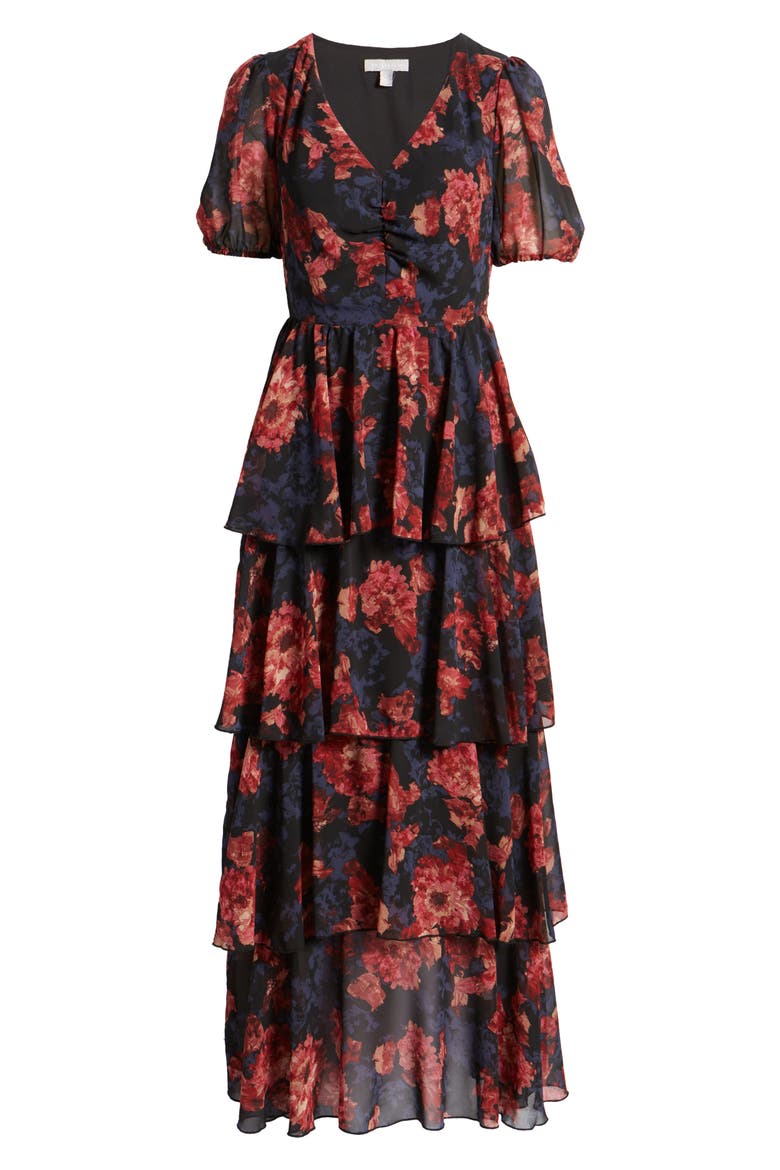 Floral Tiered Chiffon Dress, Alternate, color, BLACK- PINK CANVASED BLOOMS