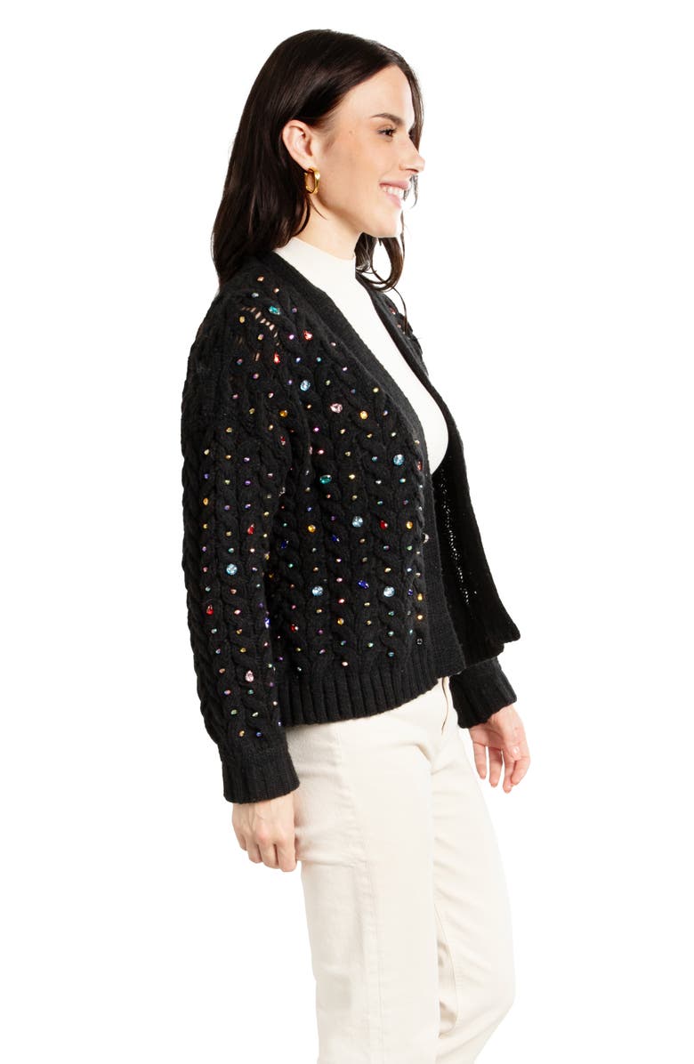 SAACHI Rhinestone Cable Knit Cardigan, Alternate, color, Black