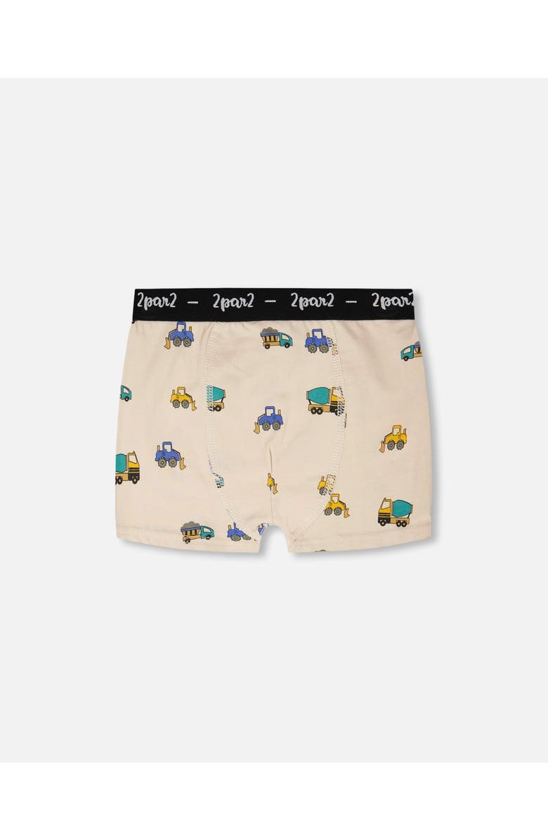 Deux par Deux Organic Cotton Truck Elastic Waist Boxer, Main, color, Beige Printed Trucks