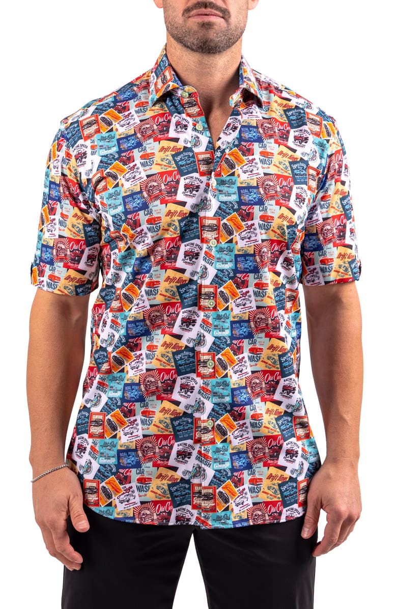 Maceoo Galileo Resistance0350 Multi Car Print Short Sleeve Button-Up Shirt, Main, color, Multi