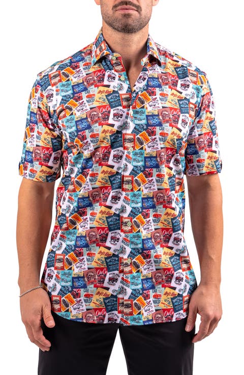 Galileo Resistance0350 Multi Car Print Short Sleeve Button-Up Shirt