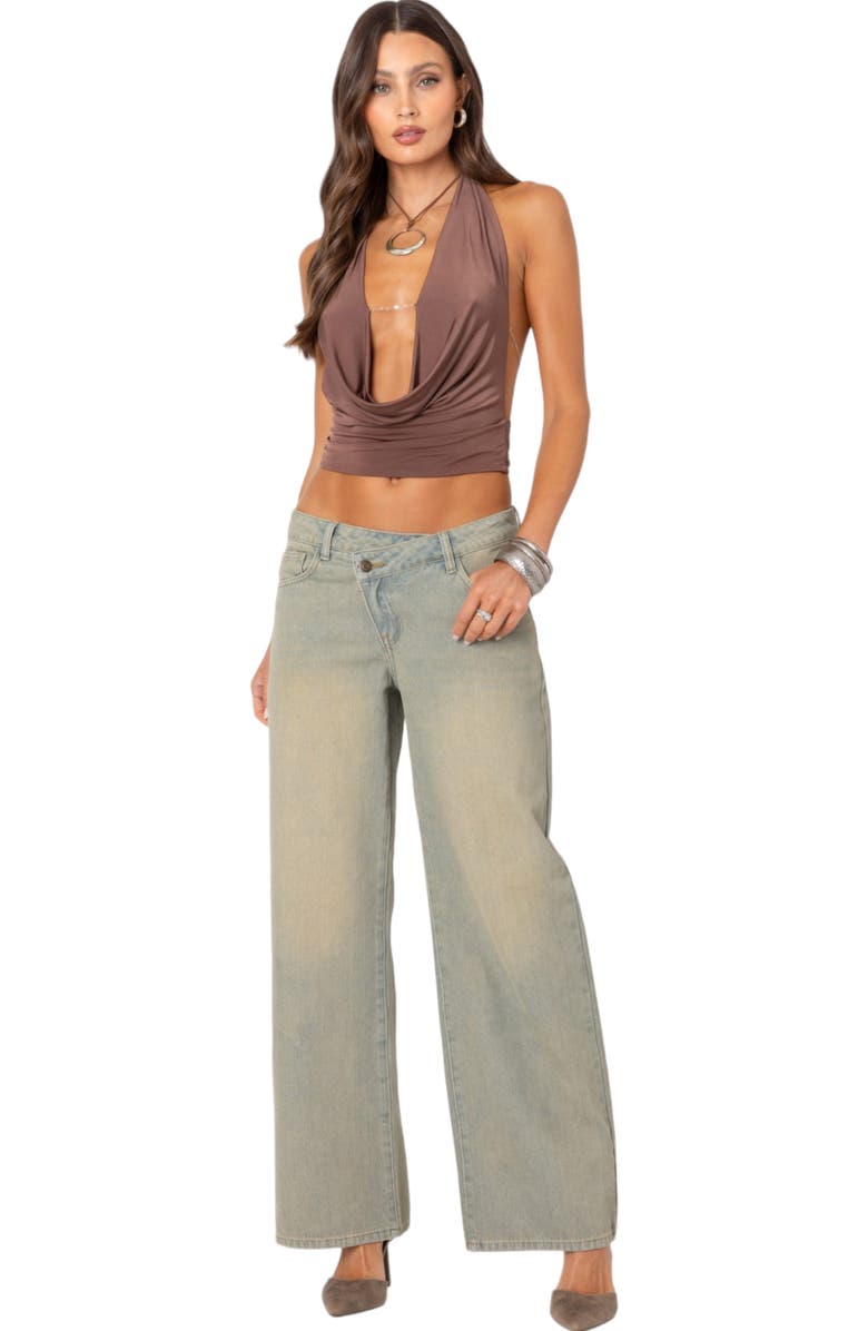 EDIKTED Plunge Cowl Neck Crop Halter Top, Alternate, color, Brown