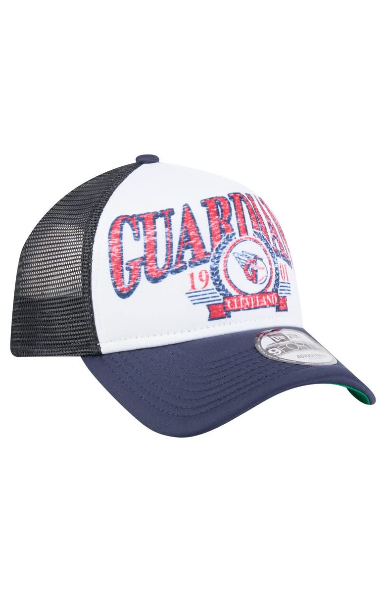 New Era Men's New Era White/Navy Cleveland Guardians Distressed 9FORTY A-Frame Adjustable Trucker Hat, Alternate, color, White