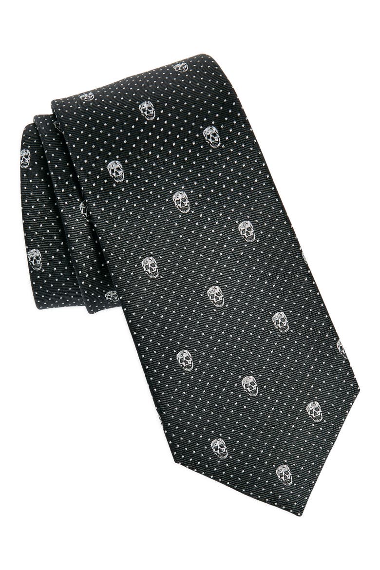 Skull & Dots Silk Tie, Main, color, BLACK/ SILVER