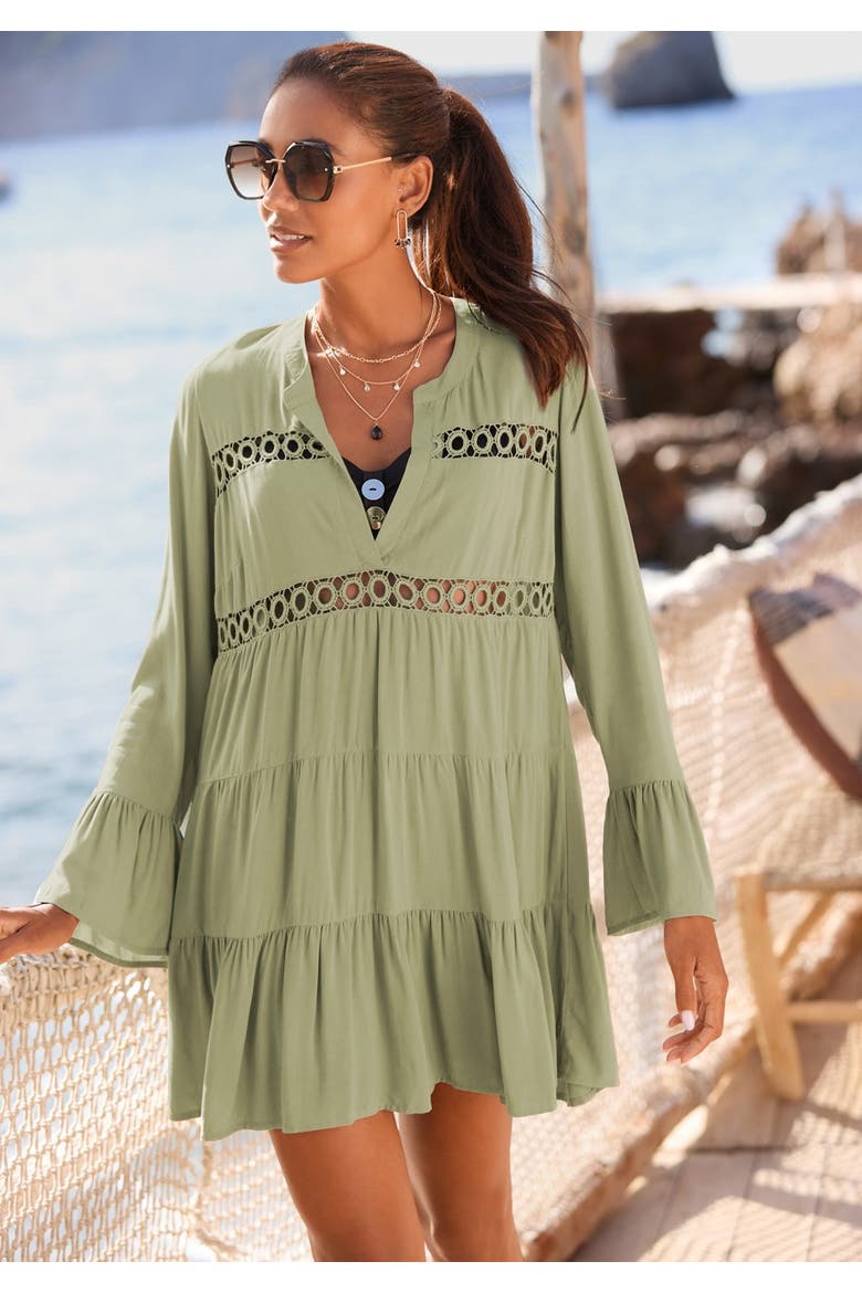 Flowy Flared Sleeve Dress, Alternate, color, Olive