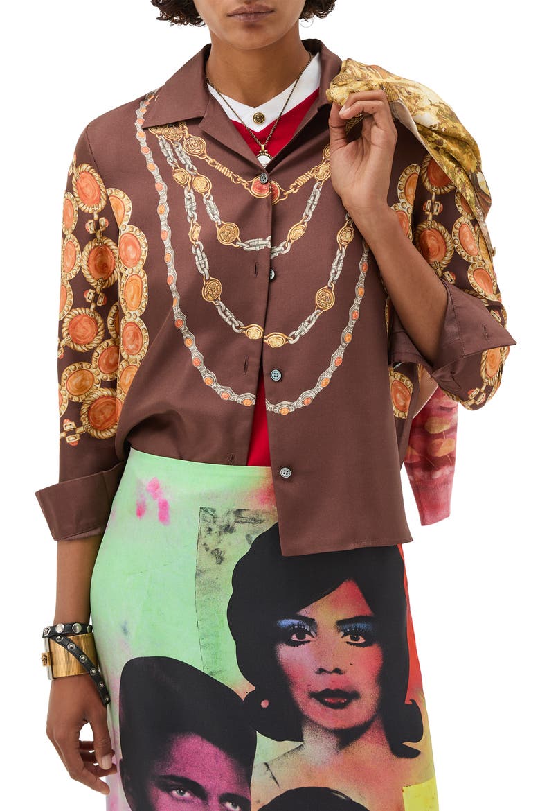 The Lover Trompe l'Oeil Print Silk Twill Bowling Shirt, Main, color, CHOCOLATE AMBER