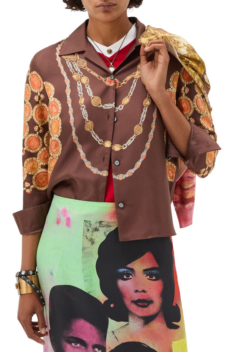 Versace The Lover Trompe l'Oeil Print Silk Twill Bowling Shirt, Main, color, Chocolate Amber