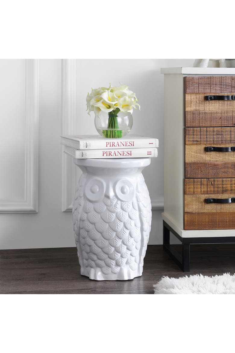 Groovy Owl Traditional Floral Chinoiserie Ceramic Drum Garden Stool, Pierced Indoor/Outdoor Patio Seat & Side Table, Alternate, color, White