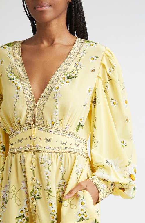 Camilla Daisy Chains Button Front Long Sleeve Silk Minidress In Multi