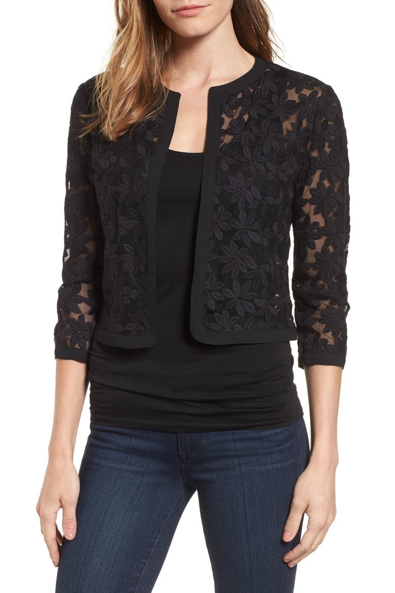 Anne Klein Floral Embroidered Mesh Cardigan, Main, color, BLACK