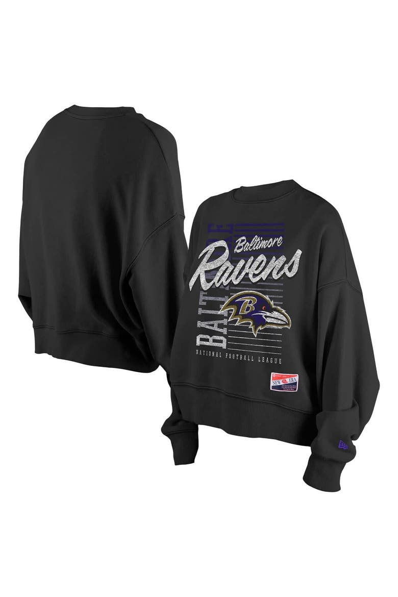 Women's New Era Black Baltimore Ravens Oversized Throwback Mineral Wash Crew Neck Sweatshirt, Main, color, Black