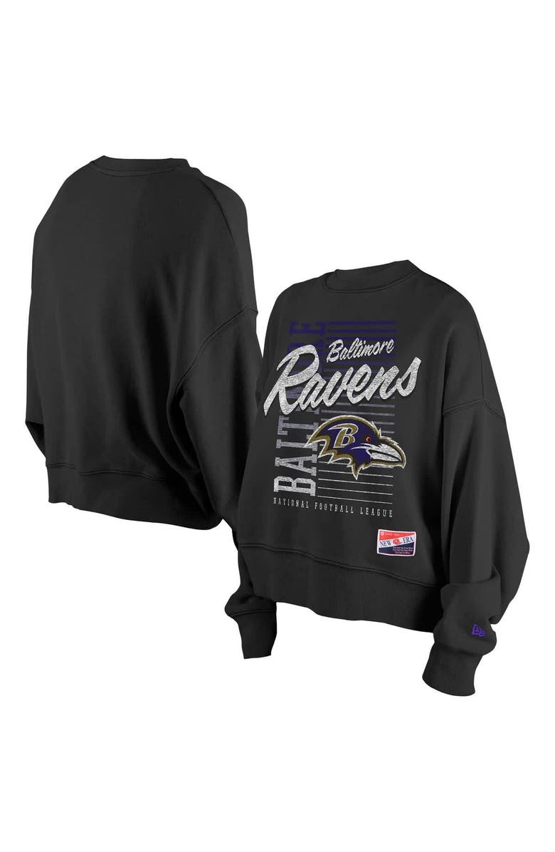 New Era Women
s New Era Black Baltimore Ravens Oversized Throwback Mineral Wash Crew Neck Sweatshirt, Main, color, Black
