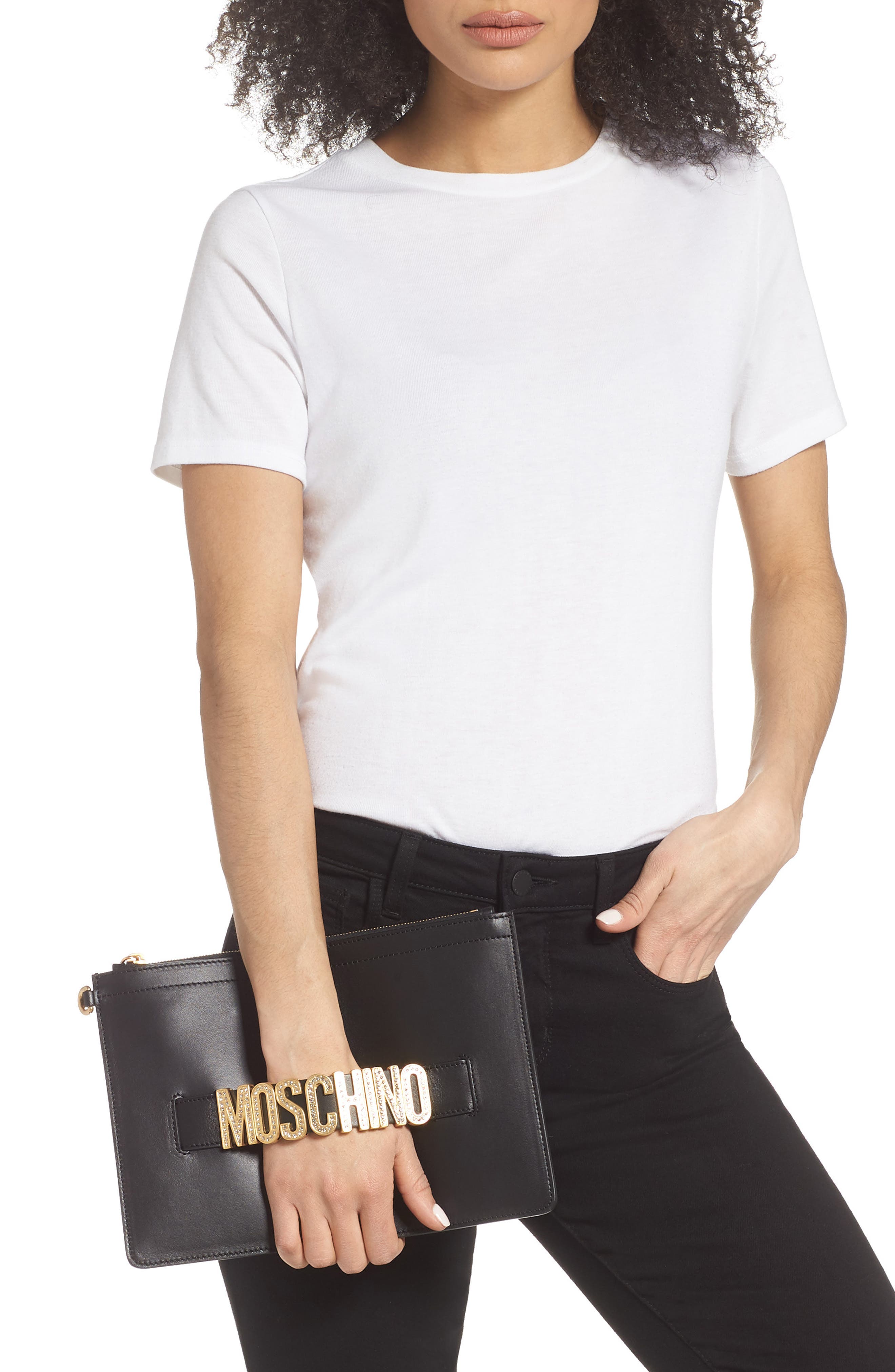 Moschino Embellished Logo Clutch, Alternate, color, 