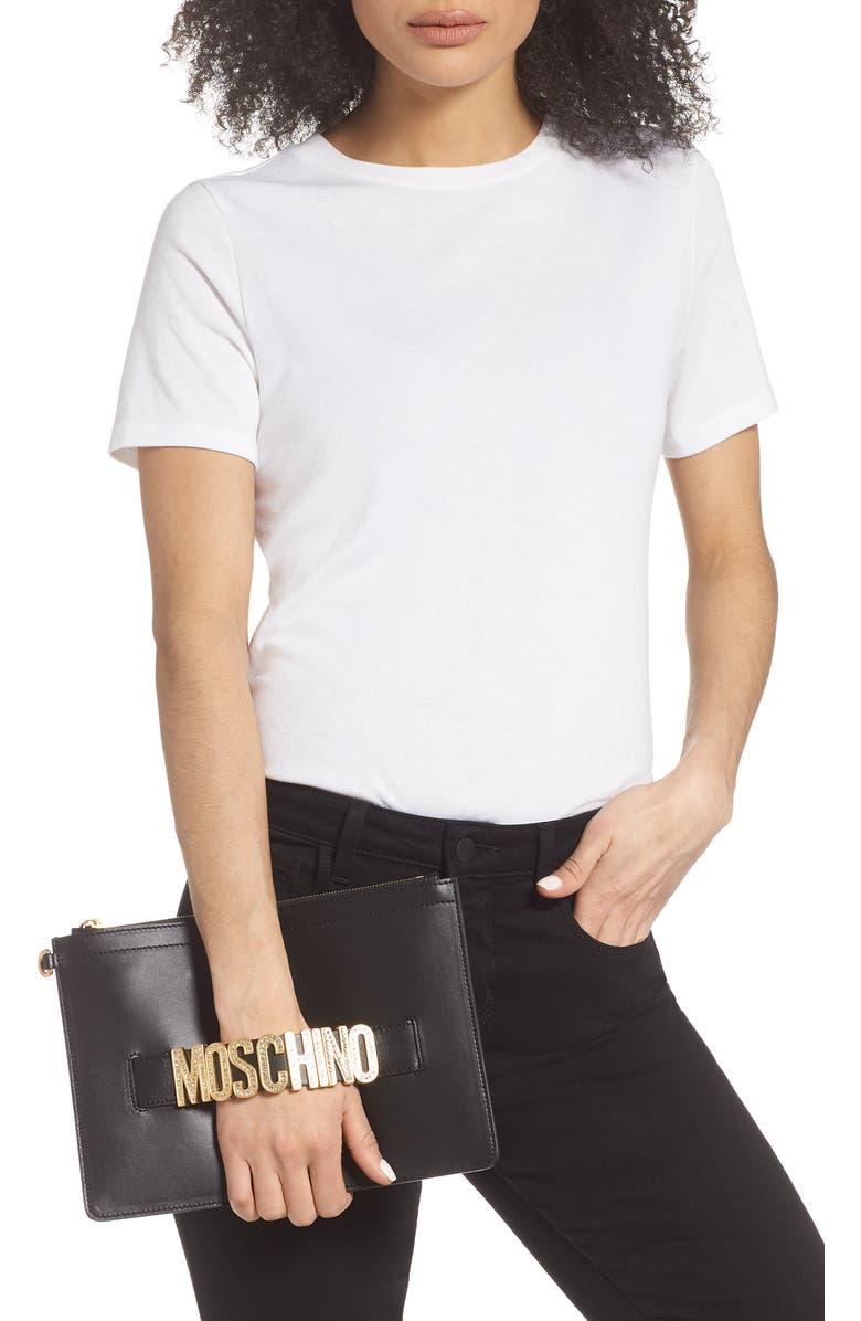 Moschino Embellished Logo Clutch, Alternate, color,