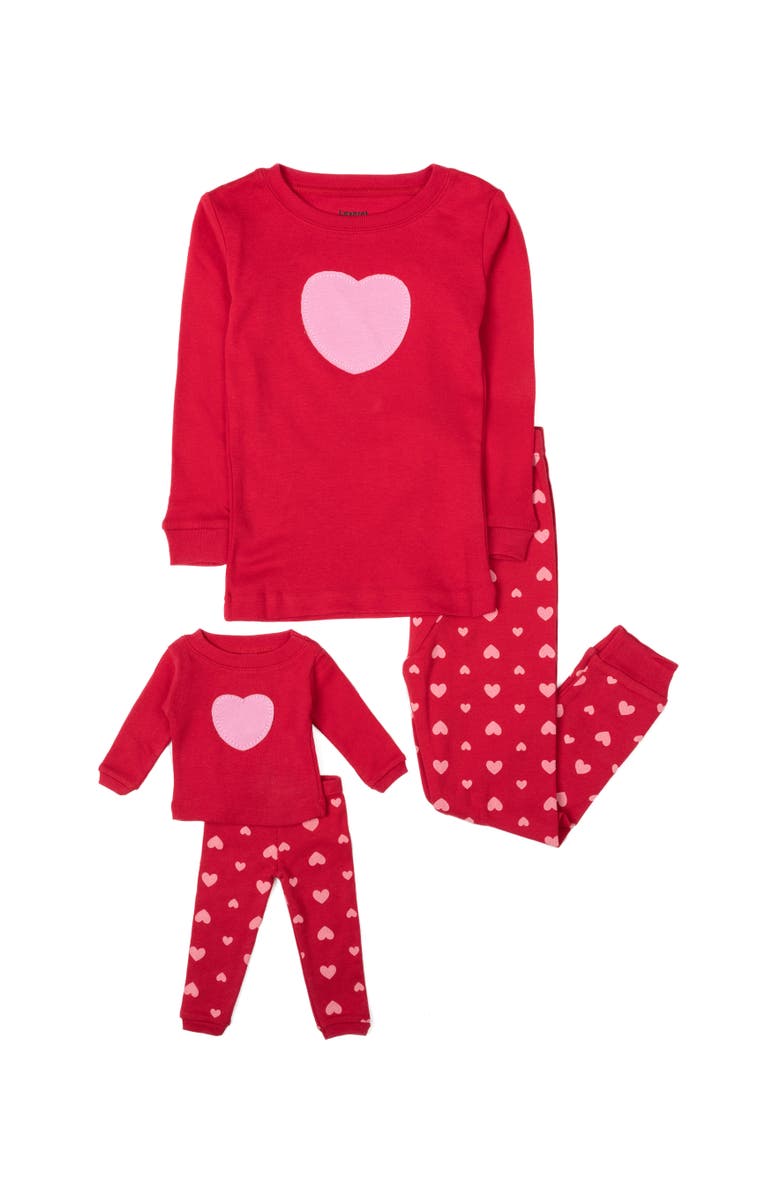 Leveret Girls 2-pc. Cotton Pajamas with Matching Doll Accessory - Spring & Everyday Prints, Main, color, Hearts Red