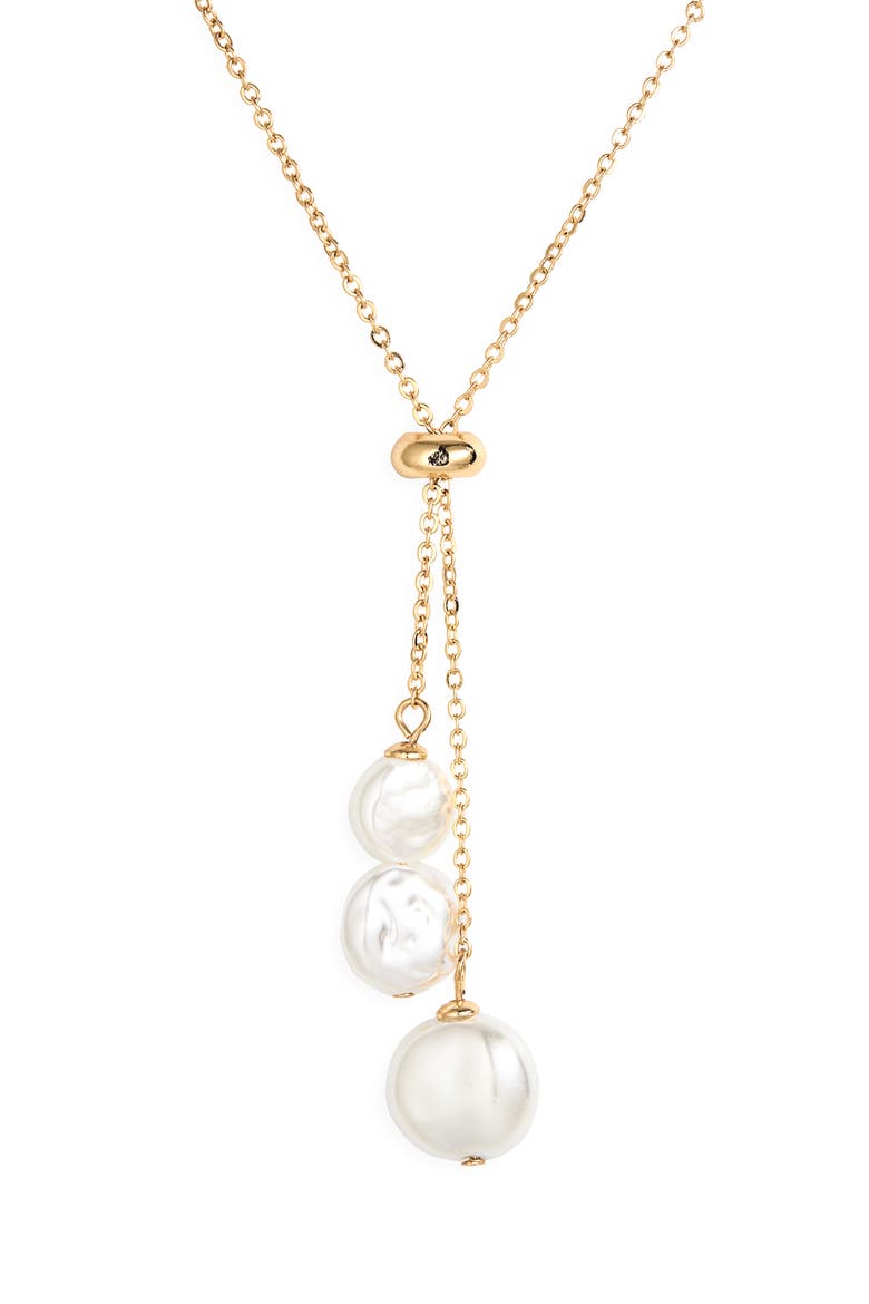 Faux Pearl Lariat Necklace, Main, color, WHITE- GOLD