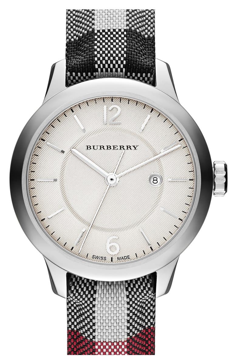 Burberry Check Stamped Leather Strap Watch, 32mm, Main, color, 