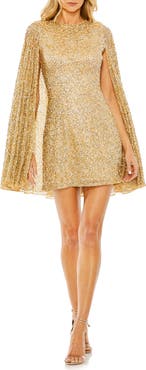 Ieena for Mac Duggal Sequined Cape Sleeves Mini Dress