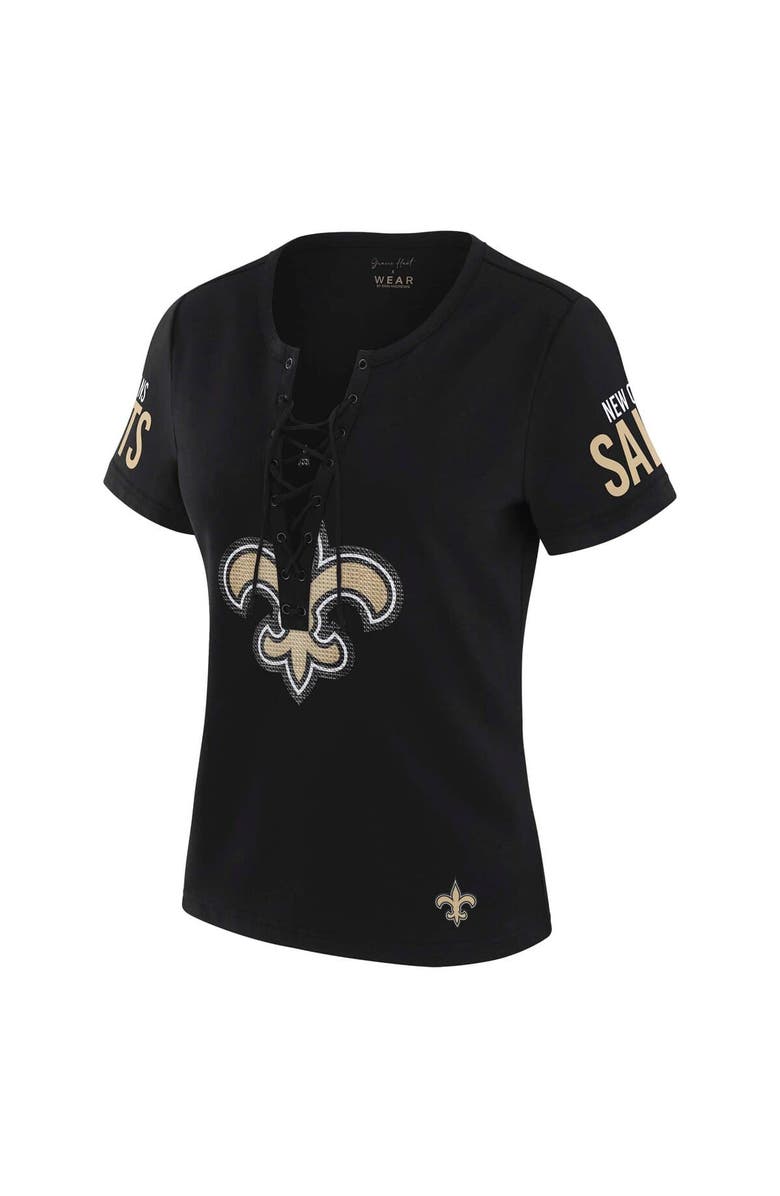 WEAR by Erin Andrews Women's WEAR by Erin Andrews x Gracie Hunt Black New Orleans Saints Draft Me Lace-Up T-Shirt, Alternate, color, 