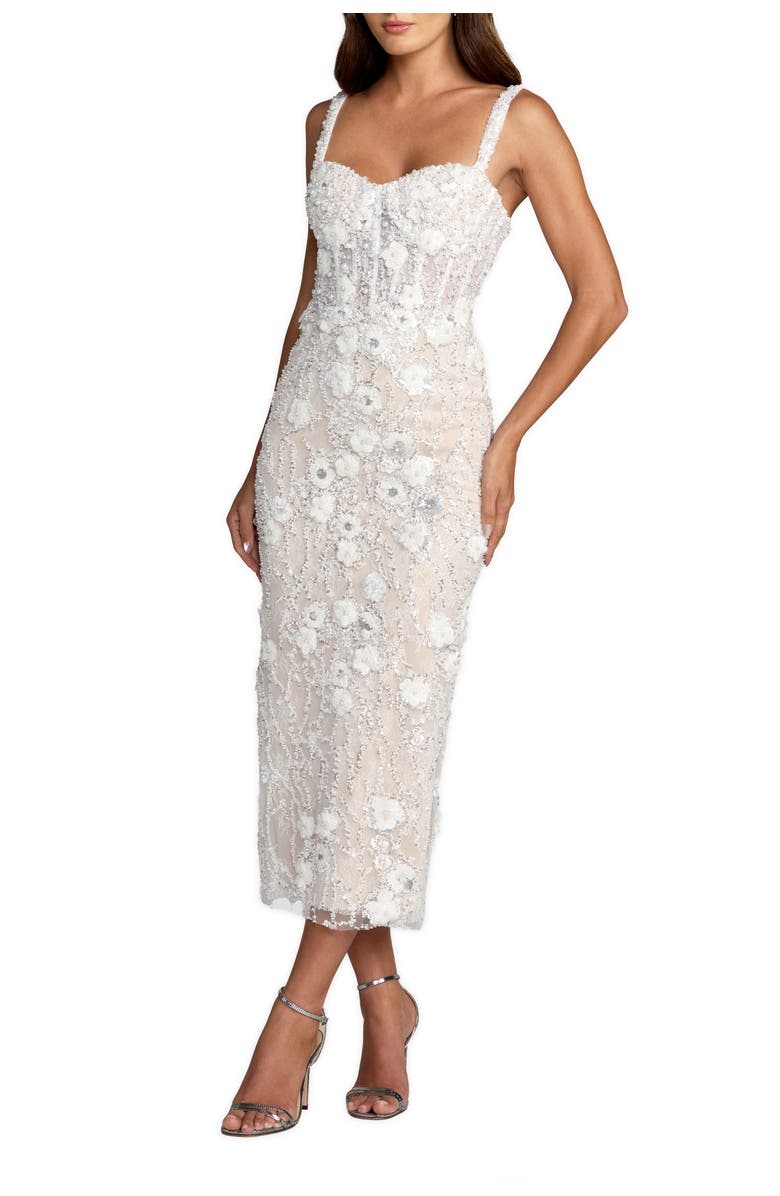 Mac Duggal Embellished Lace Sleeveless Midi Dress, Main, color, Ivory Nude