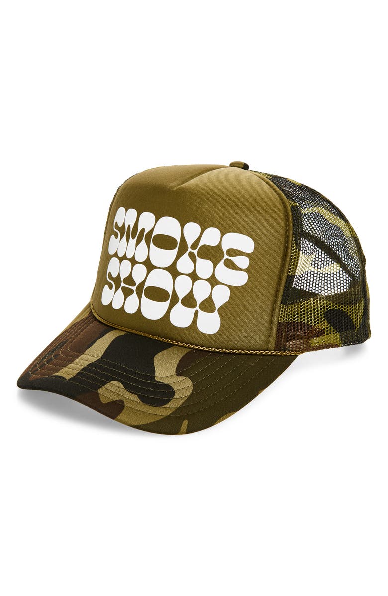 Local Beach Smoke Show Trucker Hat, Main, color, Split Camo/ White