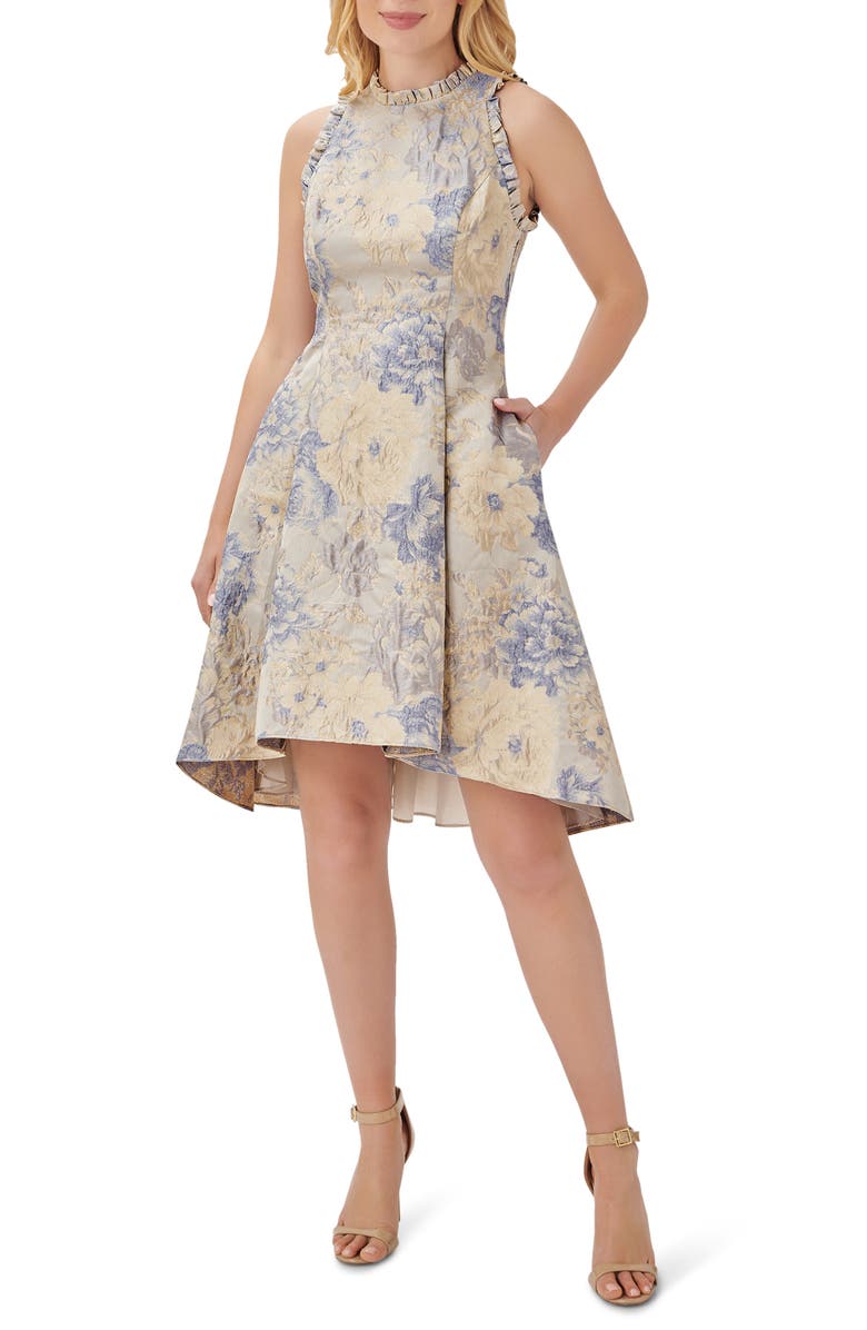 Adrianna Papell Ruffle Metallic Jacquard Sleeveless Fit & Flare Dress, Main, color,