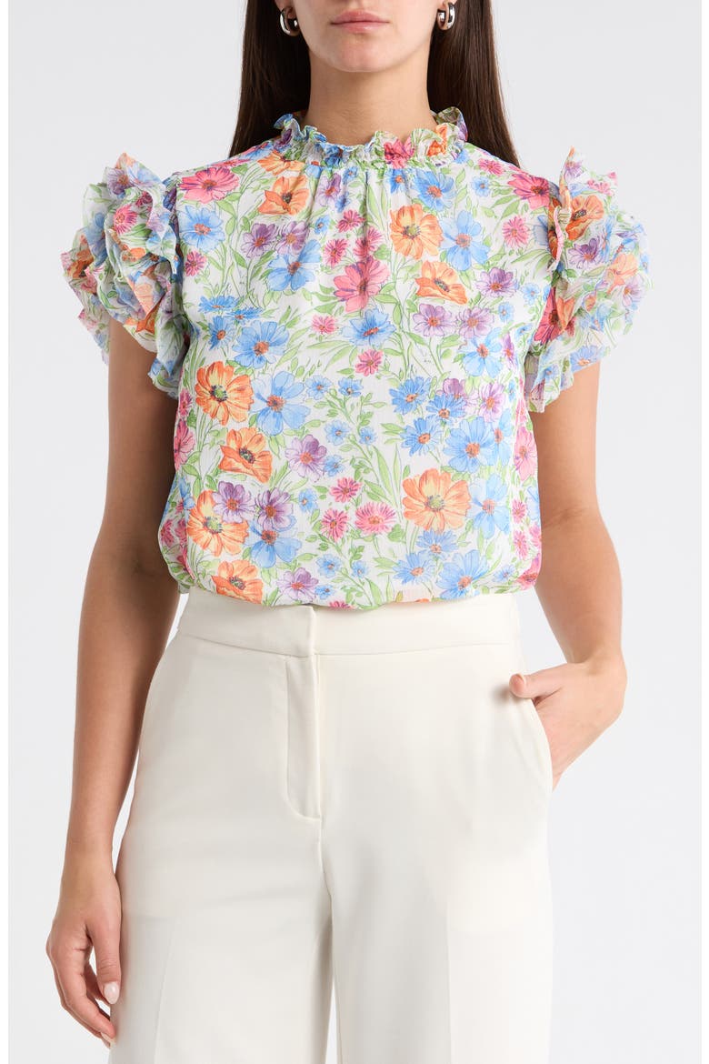 Ezia Brenna Floral Mock Neck Ruffle Sleeve Top, Main, color, BLUE-PINK-YELLOW