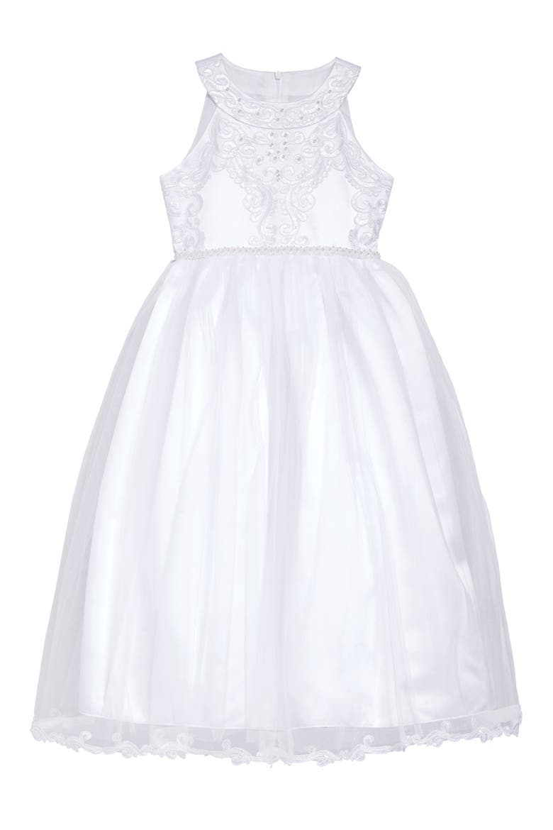 Iris & Ivy Embroidered Sleeveless Tulle Dress, Main, color, WHITE