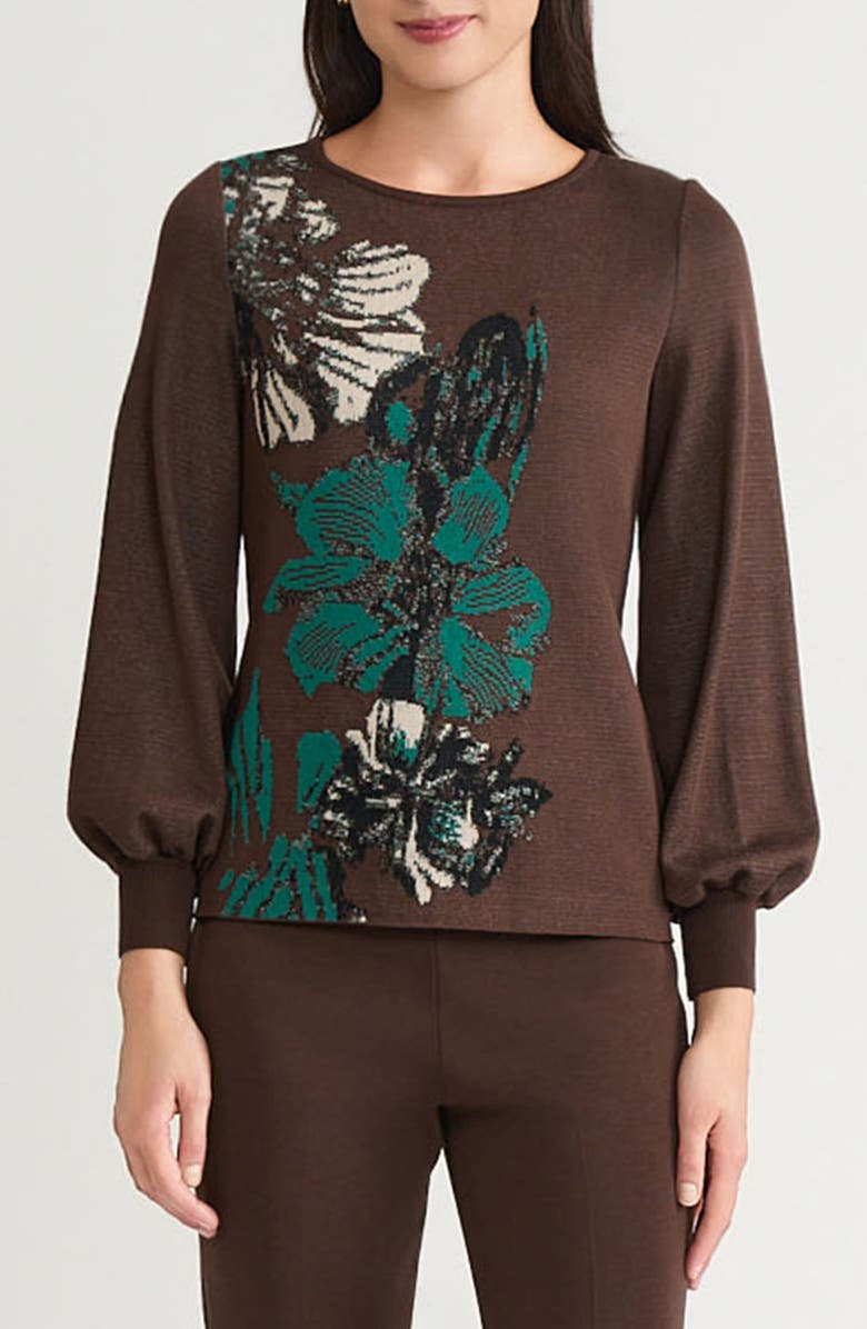 Ming Wang Floral Jacquard Sweater, Main, color, Dark Umber/ Everest/ Black