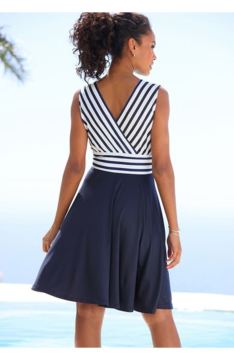 LASCANA Women's Sleeveless Wrap Look Dress, Alternate, color, Navy Multi