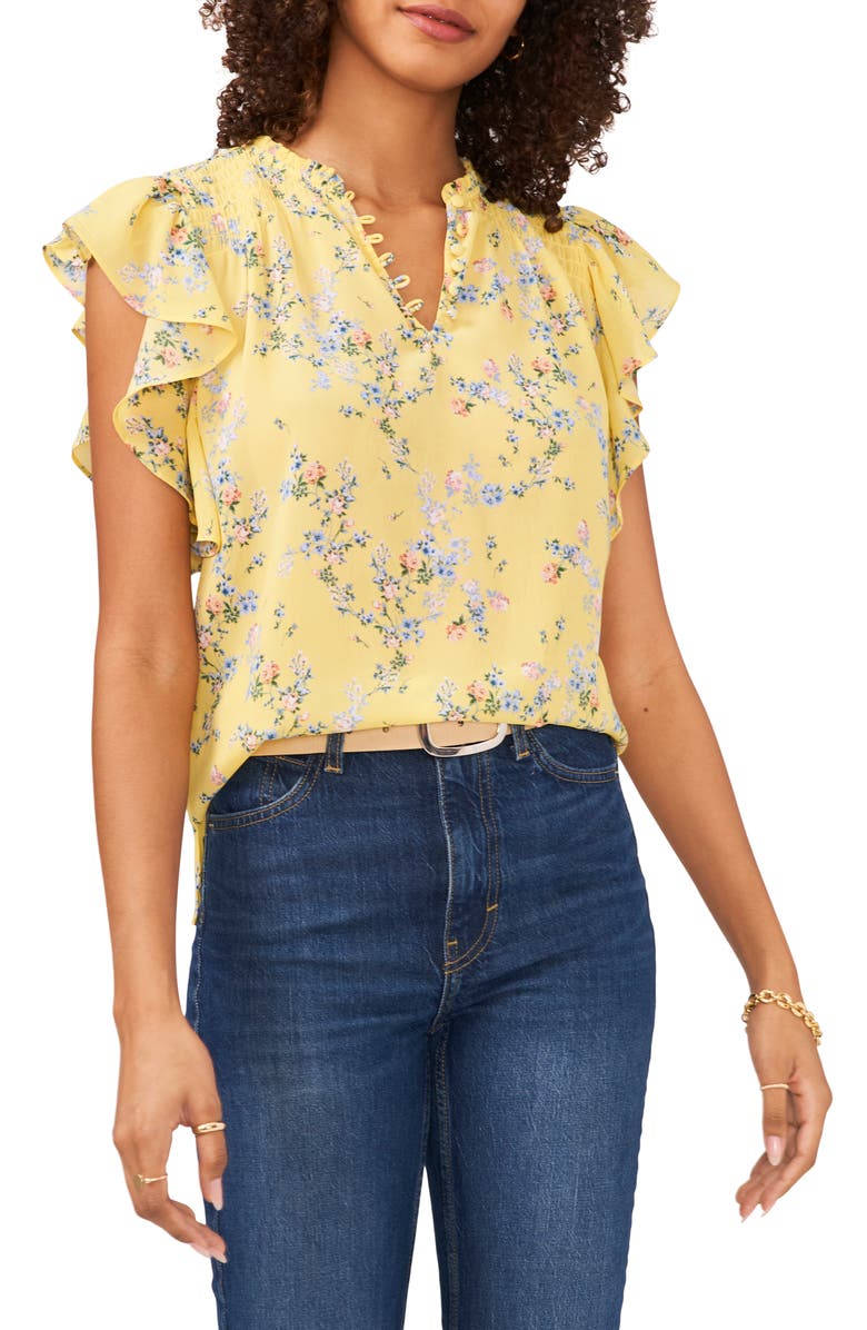 Vince Camuto Rosey Vines Flounce Sleeve Top, Main, color,