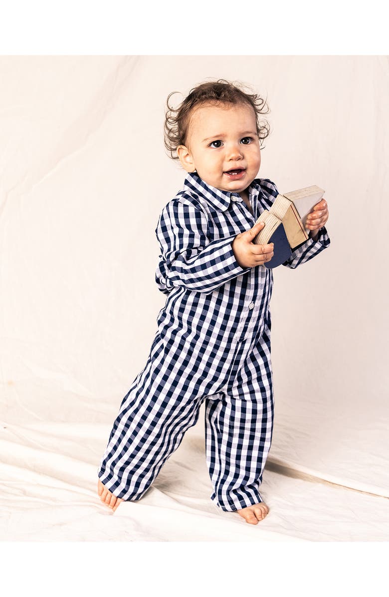 Petite Plume Gingham Romper, Alternate, color, Navy