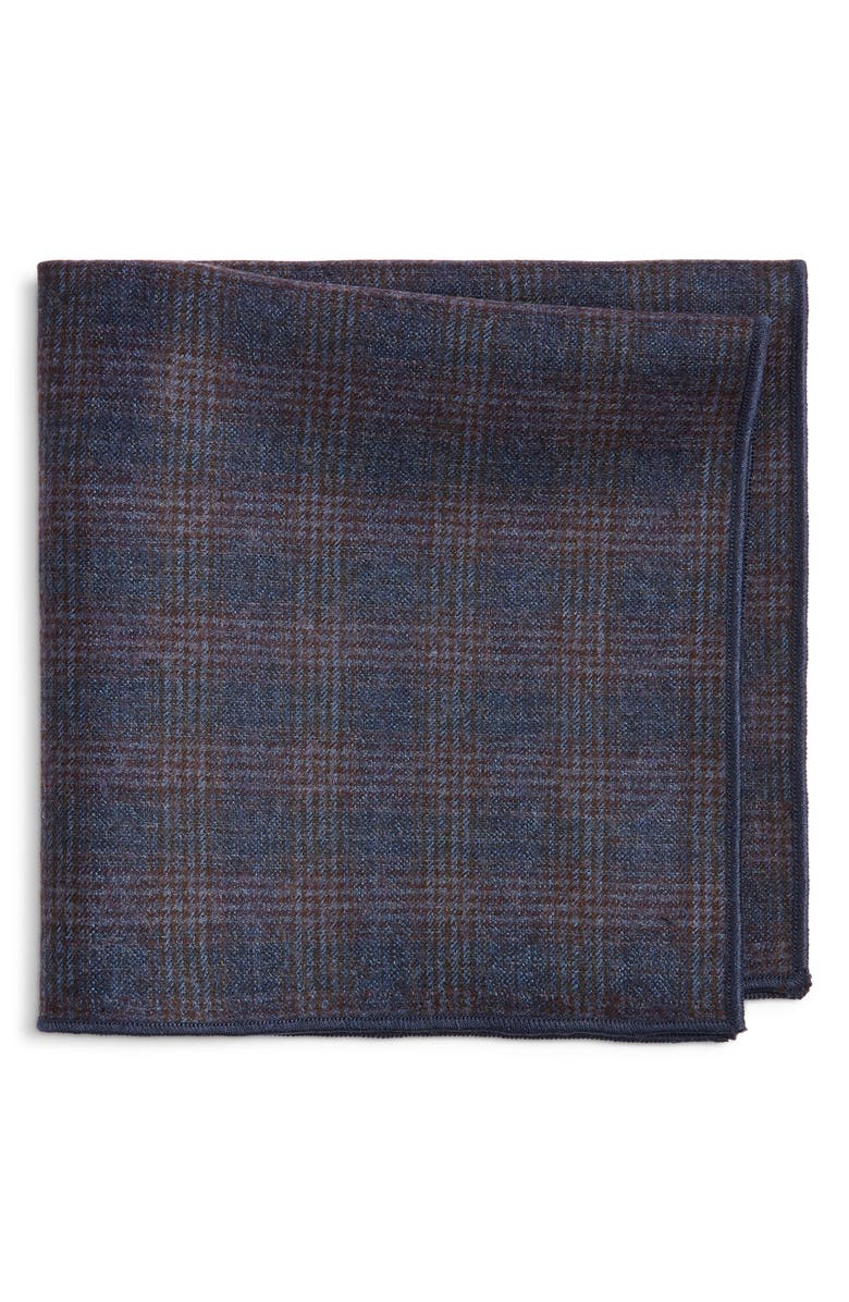 CLIFTON WILSON Navy & Maroon Plaid Wool Pocket Square, Main, color, Navy