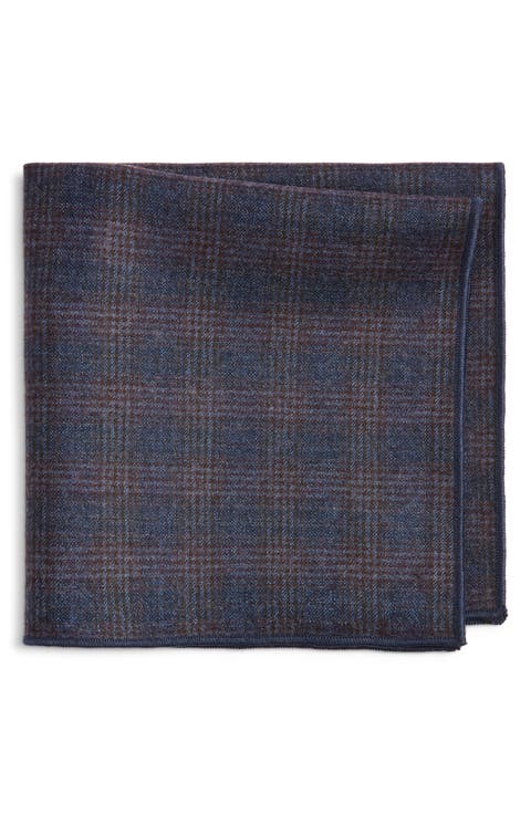 Navy & Maroon Plaid Wool Pocket Square
